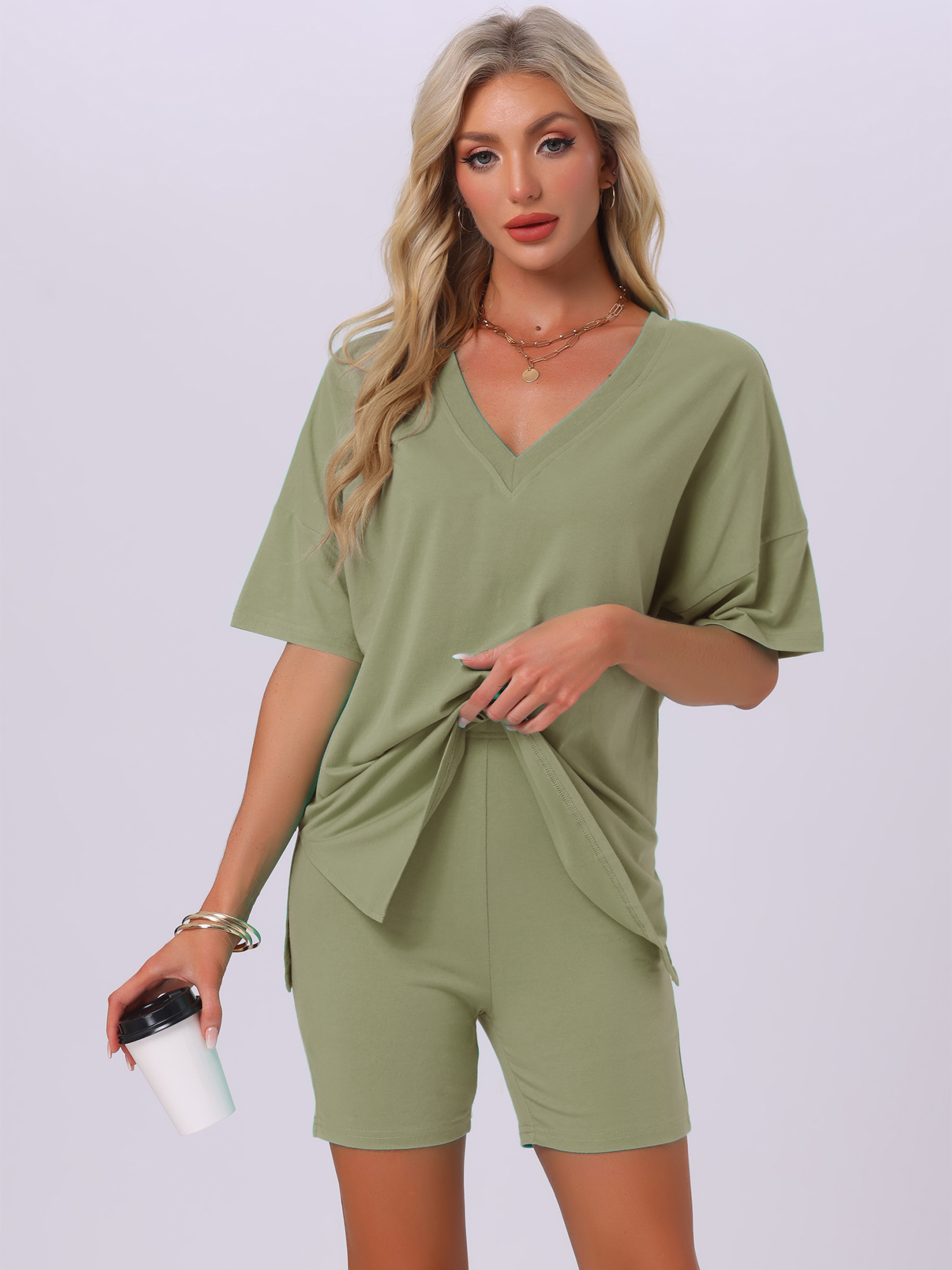 DARING DIVA Pajamas V Neck Workout Reversible Tracksuit Shorts Set XS Army Green