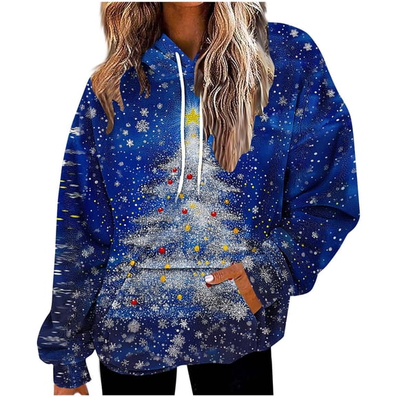 Lorytime Oversized Fleece Hoodies for Women Christmas Tree Sweatshirt Long Sleeve Pullover with Pocket Loose Tops