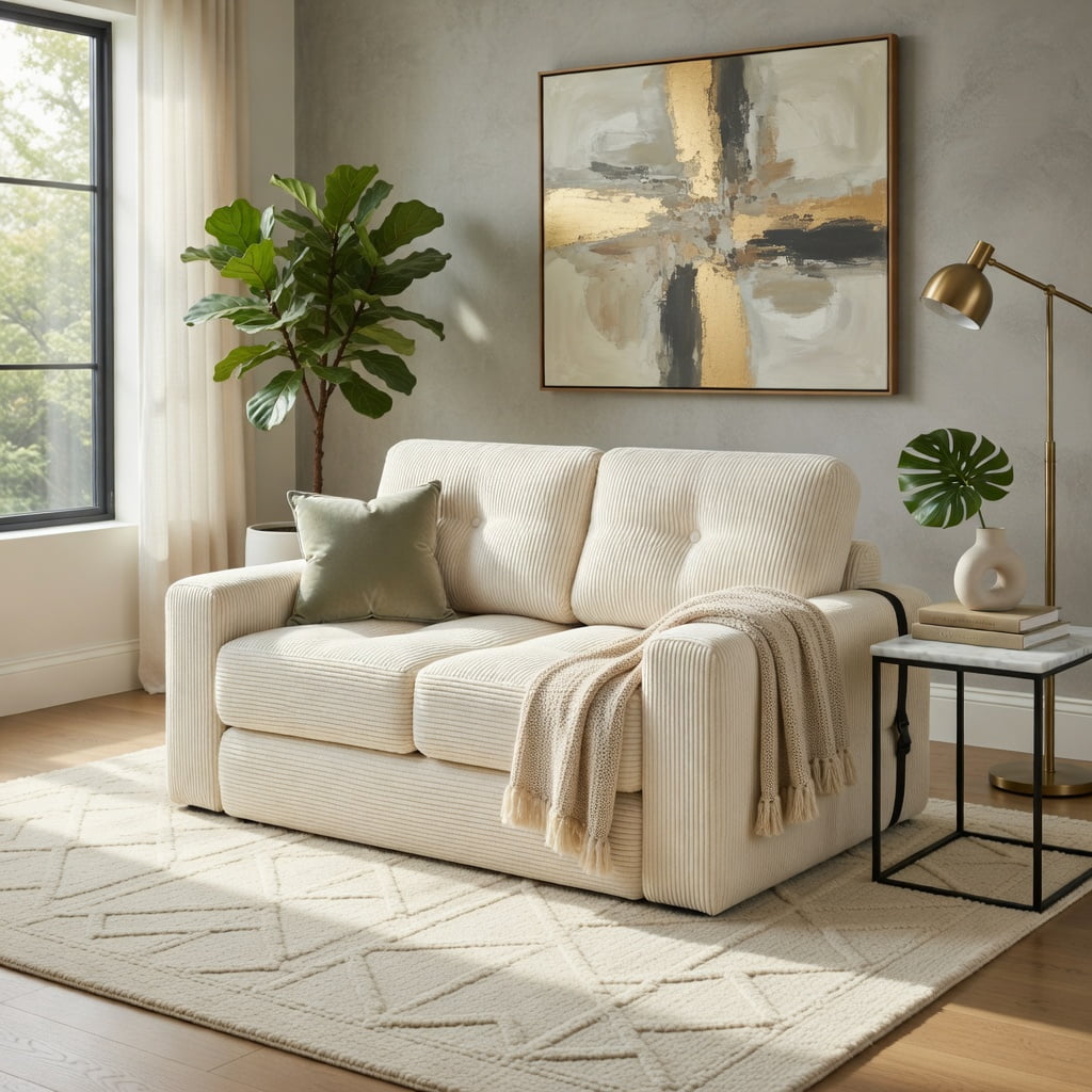Hommoo 3-in-1 Folding Sofa Bed with Pillow & Back Support, Corduroy Upholstered Convertible Loveseat for Living Room, Guest Room, Beige