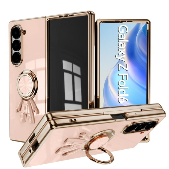 Case for Samsung Galaxy Z Fold 6, Luxury Astronaut Ring Hoder Stand Plating Ultra Slim Support Magnetic Car Mount Drop Protective Phone Case Cover for Samsung Galaxy Z Fold 6, Lightpink