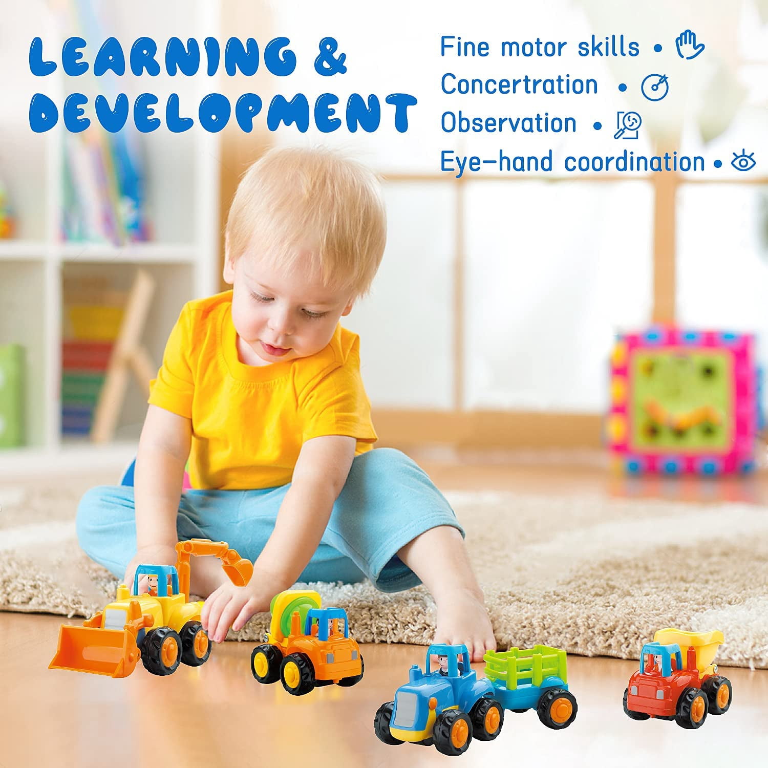 Inertia Toy Early Educational Toddler Baby Toy Friction Powered Cars Push and Go Cars Tractor Bulldozer Dumper Cement Mixer Engineering Vehicles Toys for Children Boys Girls Kids Gift 4PCS