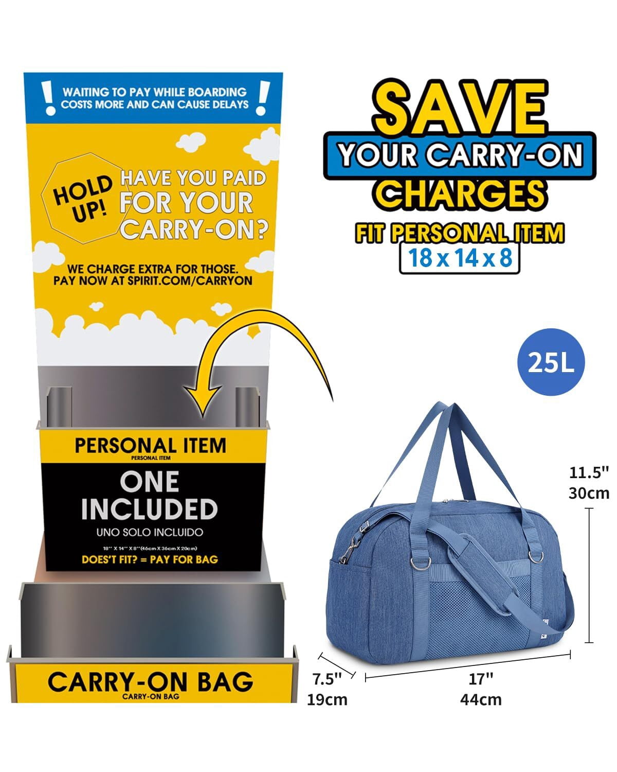 Underseat Bag Weekender Travel Duffel Tote with Adjustable Shoulder Straps for Spirit Airlines Personal Item Bag 18x14x8 for Gym Overnight, Blue