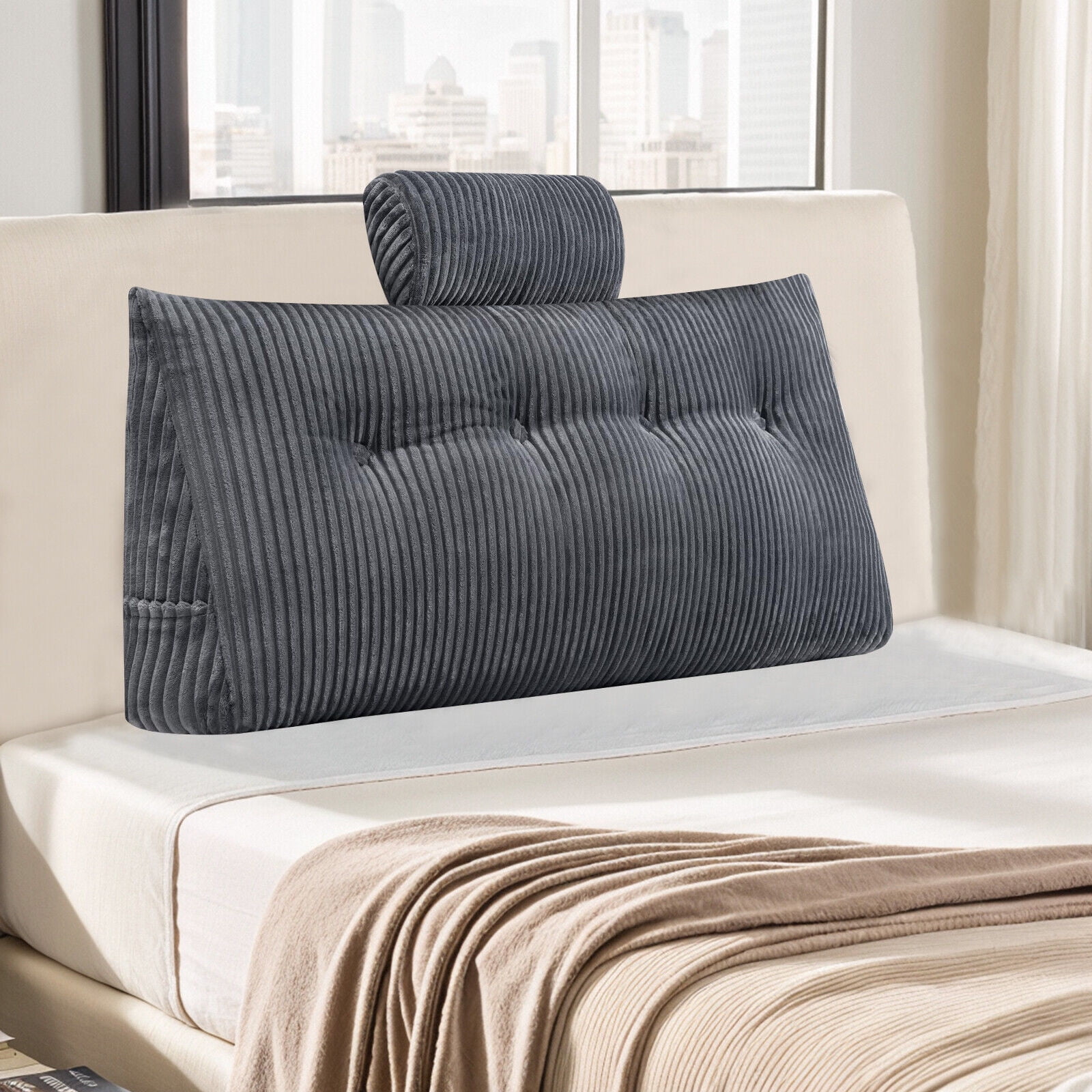 TOPCHANCES Headboard Reading Pillow with Pocket, Triangular Wedge Bedside Backrest Support Cushion with Detachable Neck Roll Pillow, Grey, 39x8x20 Inches