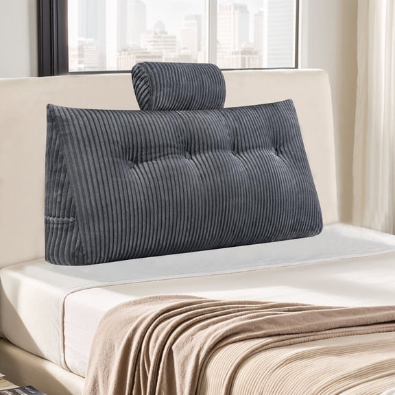 TOPCHANCES Headboard Reading Pillow, Bed Rest Reading Pillow, Triangular Wedge Bedside Backrest Support Cushion with Removable Cover & Detachable Neck Roll Pillow, Grey, 39x8x20 Inches