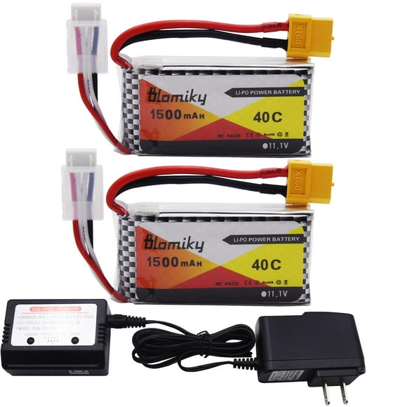 Blomiky 2 Pack 11.1V 3S 1500mAh Lipo Battery with XT60 Plug and 1 Charger for RC Evader BX RC Car Skylark m4-fpv250 Mini Shredder 200 Qav250 Vortex Drone 11.1V 1500mAh XT60 2