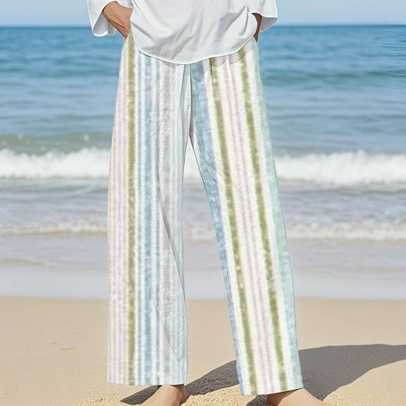Bovemsi 2025 Women's Striped Linen Blend Casual Pants – Elastic Waist Loose Fit for All-Day Comfort, Blue, XL