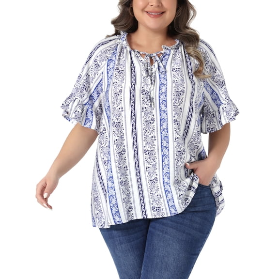 Agnes Orinda Women's Plus Size Top Floral Print Shirts V Neck Flared Short Sleeve Summer Casual Blouses 1X Blue