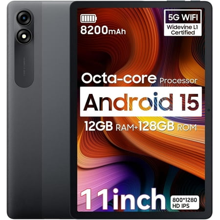 Blackview 11 inch Android 15 AI Tablet 128GB ROM 12GB RAM Octa-core T606 Widevine L1 GMS Dual Camera 5G Wifi Tablet, Tab 90 WiFi, Gray