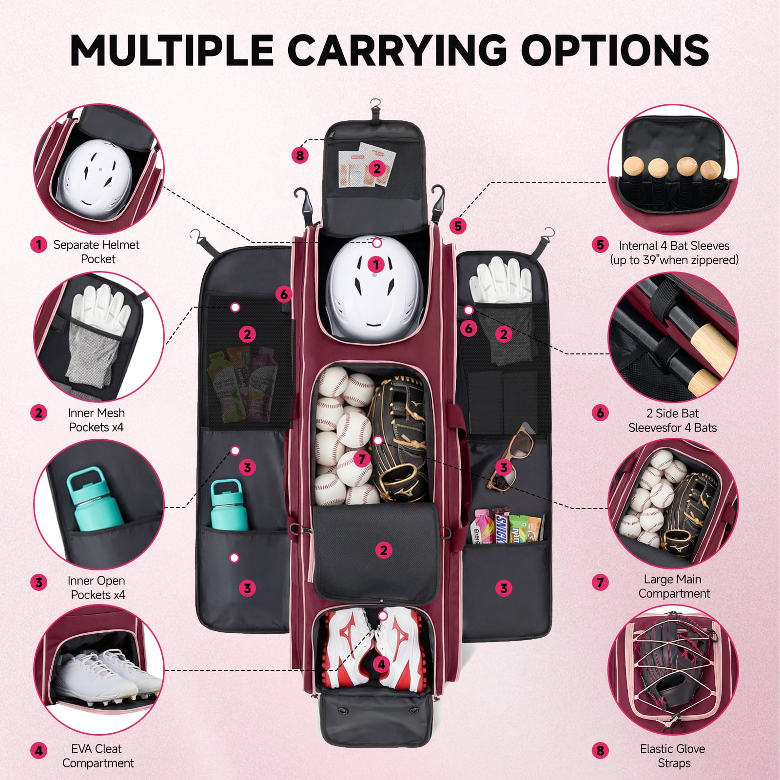 Fegat Rolling Baseball Bag with Wheels,100L Large Softball Bag Catchers Gear Bags for 8 Bats,Equipment Bag with 5 Fence Hooks,Reflective Strip,Shoe Compartment,Holds All Softball Baseball Equipment