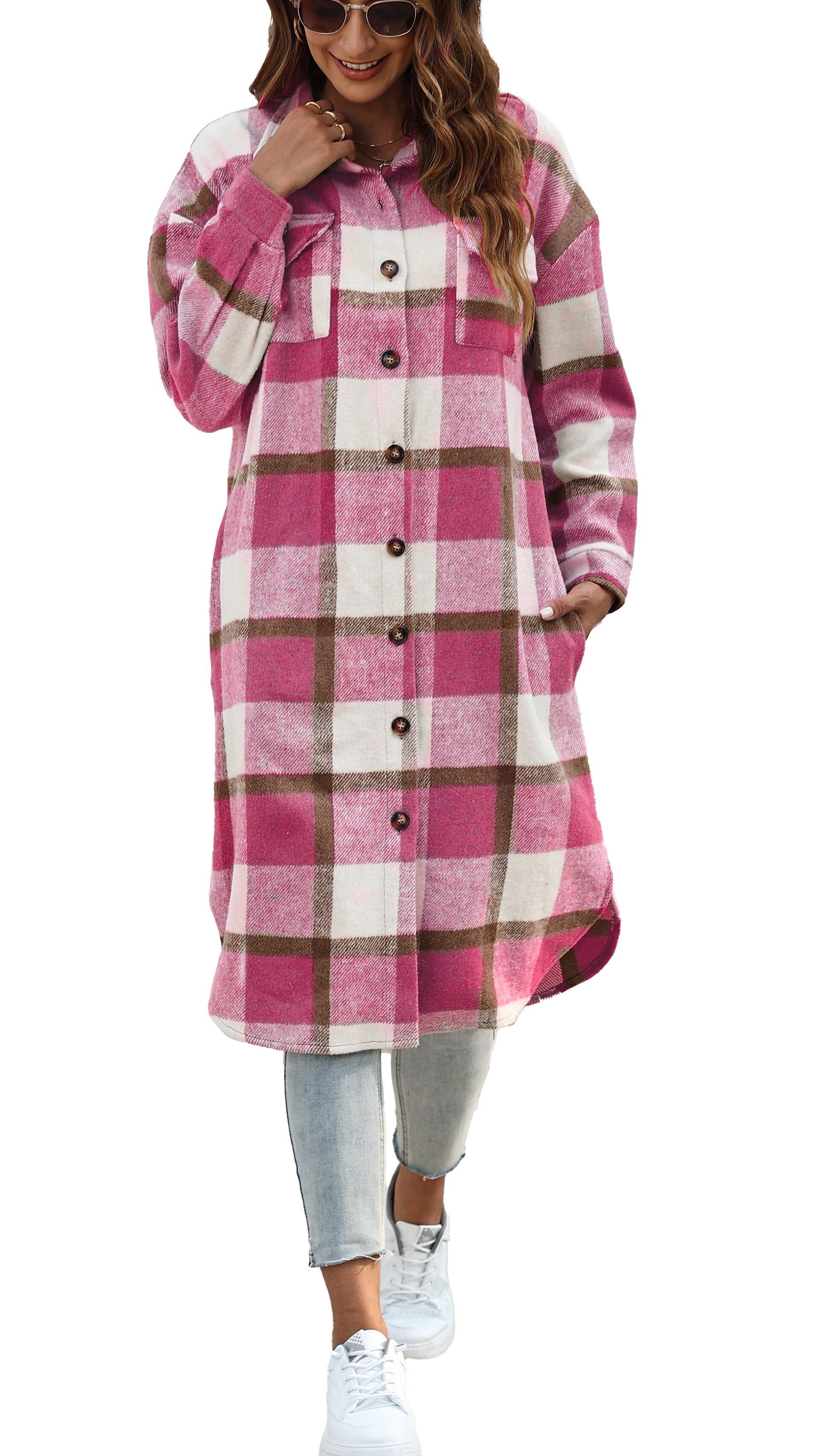 Fantaslook Flannel Shirts for Women Button Up Plaid Shirt Long Pocketed Shacket Jacket Coat