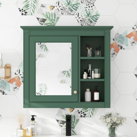 DEALTOPS Stylish Wall Mounted Bathroom Mirror Cabinet with Cabinet and Open Shelves, Green