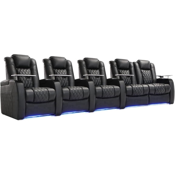 Home Theater Seating Top Grain Leather Recliner Chair Dual Power Movie Gaming Sofa Electric Headrest with Tray Table Type-C USB Charge Cup Holders (Row of 5 Loveseat Right, Black)