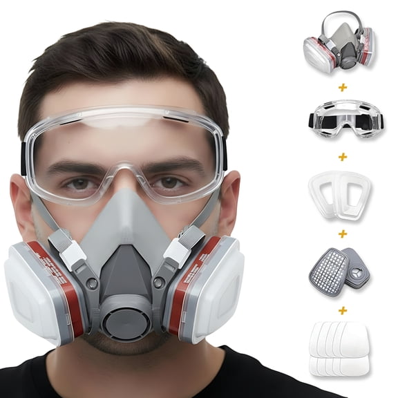 espirator Mask for Spray Painting, Woodworking, Welding, Dust, and General Safety with Clear Eye Goggles, 10 Replacement Filters, Half Face Cover with Safety Glasses