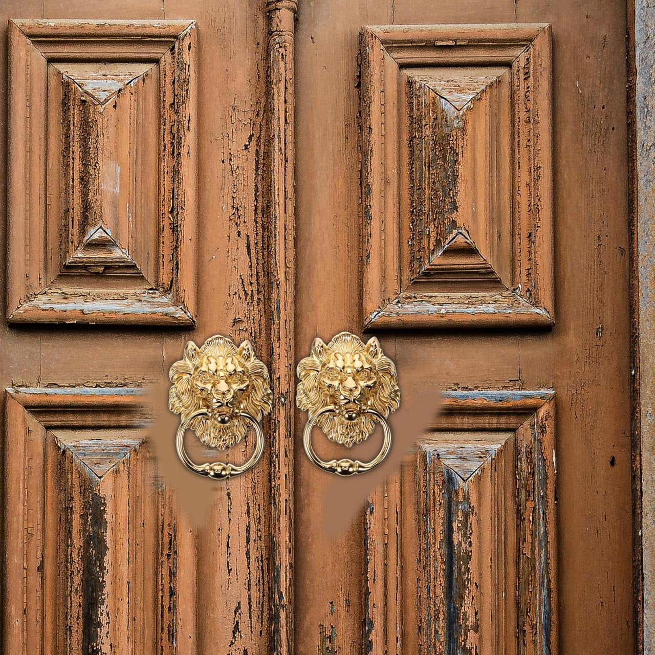 ABCISI Door Handle,  Vintage Brass Lion Front Door Knockers, Antique Decoration Cabinet Cupboard Ring Knob, Brass Door Pull Gold Decor Lion Head Handle, Zinc Alloy