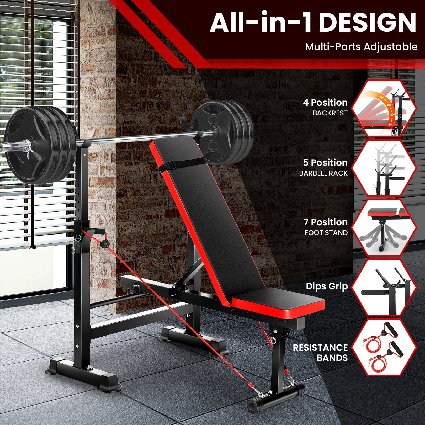 VIBESPARK Adjustable Weight Bench 600lbs 4-in-1 Foldable Workout Bench Set with Barbell Rack & Pull Rope, Multi-Function Strength Training Bench Press Exercise Equipment for Home Gym