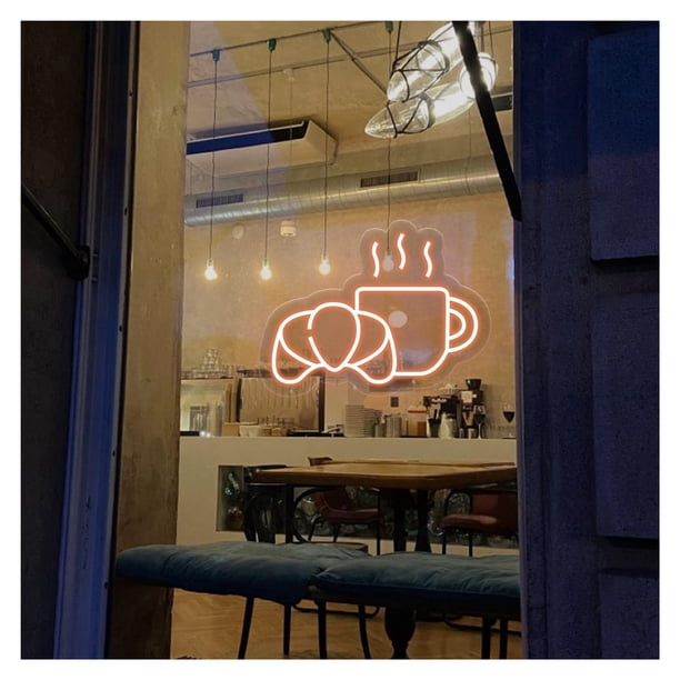 Letrero De Neón Café Y Croissant, Ideal Para Panaderías, Cafeterías, Tiendas, Decoración Pared Del Hogar, Con Atenuación 31cmx40cm