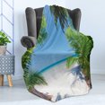thumbnail image 4 of Ocean Soft Flannel Fleece Throw Blanket, Palm Leaves and Tropical Beach Coastline Seashore Vacation Theme Photo, Cozy Plush for Indoor and Outdoor Use, 70" x 90", Green Sky Blue White, by Ambesonne, 4 of 5
