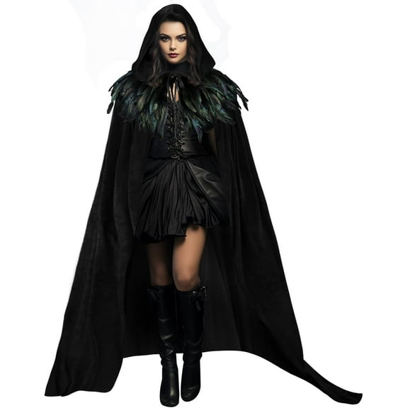 Unisex Solid Velvet Adult Full Length Hooded Robe Cape with Classic Gothic Feather Cloak Suit