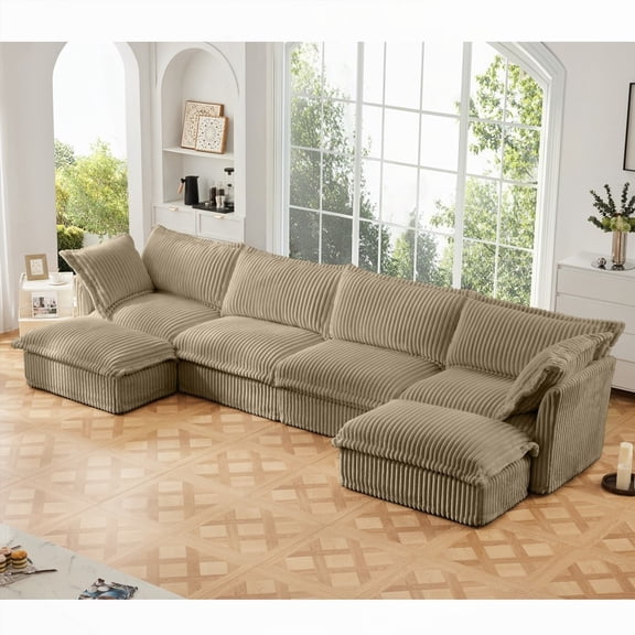 Modern U Shape Sectional Sofa with French Edges, 4-Seater, Camel Corduroy, Deep Seat and Spacious
