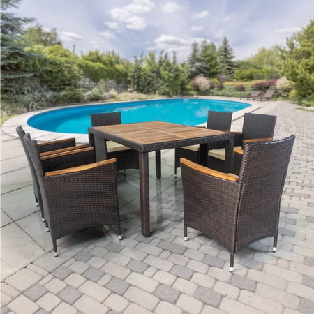 iRerts 7 Piece Patio Dining Set, Wicker Patio Furniture Sets Outdoor Table and Chairs for 6 with Acacia Wood Table Top and Soft Cushions, Patio Conversation Set for Deck, Backyard, Garden, Dark Brown