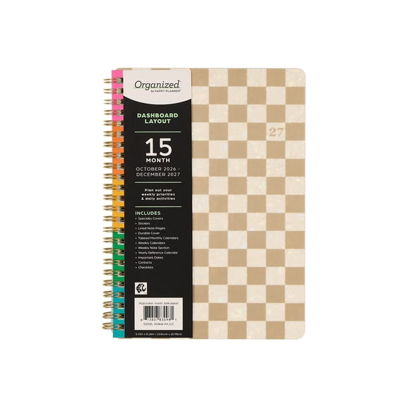 Organized by Happy Planner Monthly Weekly Medium Planner (5.45″ x 8.26″) Pearl 15-Month October 2026-December 2027, Specialty Cover and Metal Twin Loop Binding
