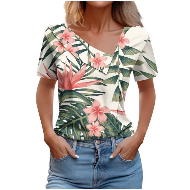 Top de Verano Mujeres Cuello en V Casual Manga Corta Primavera Y Top de Verano, Tops Cortos para Mujeres