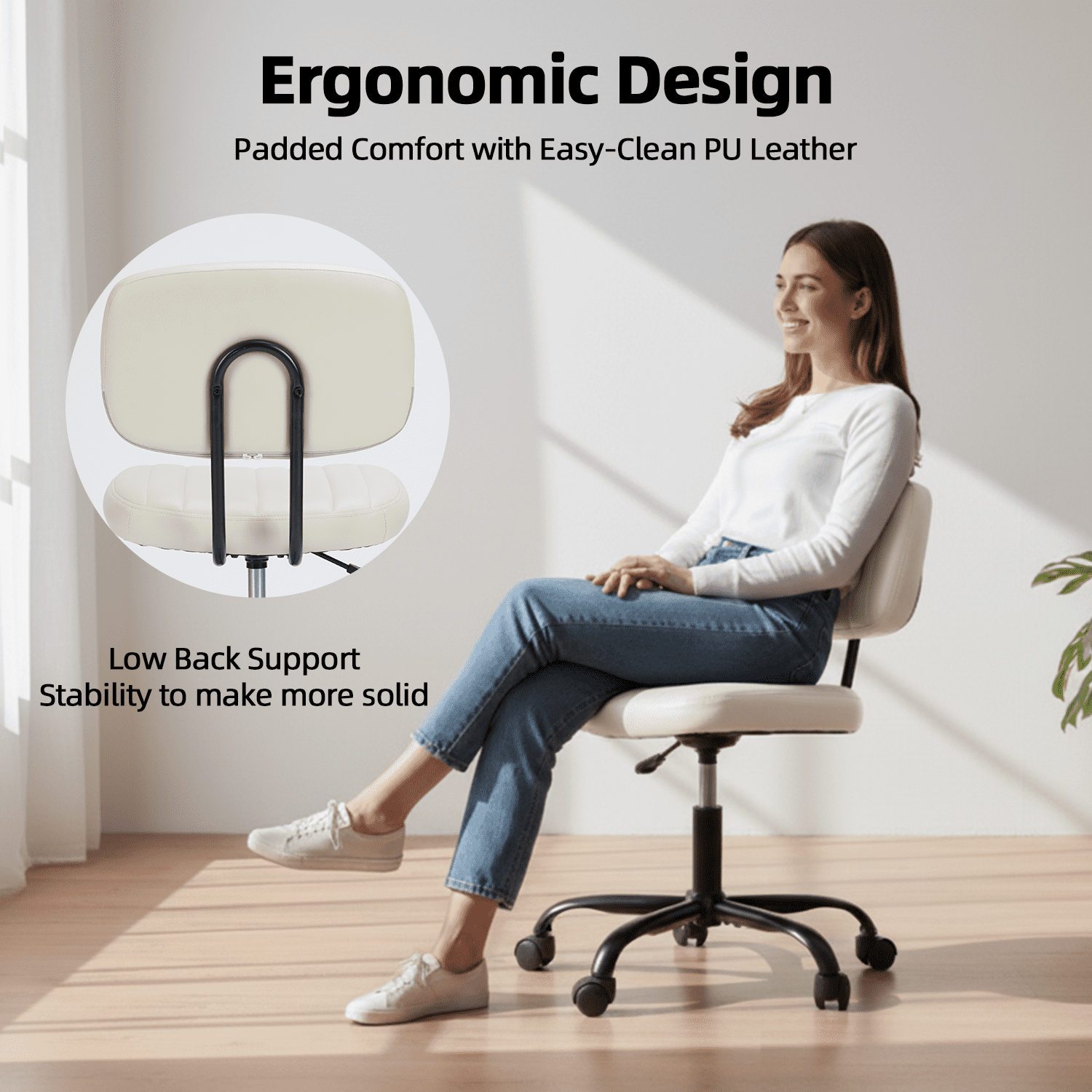 LIFERECORD PU Leather Armless Home Office Desk Chair, Small Ergonomic Task Chair for Adults and Students, Low Back Seating with Swivel, Adjustable Height, Rolling Wheels, White