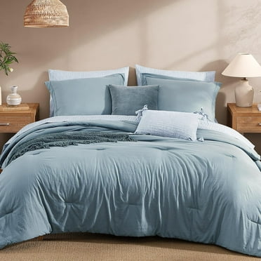 Queen Comforter Set - 7 Pieces Dusty Blue Prewashed Bed in a Bag Queen Bedding Sets with Comforters, All Seasons Down Alternative Comforter Bed Set with Sheets,Pillowcases & Shams