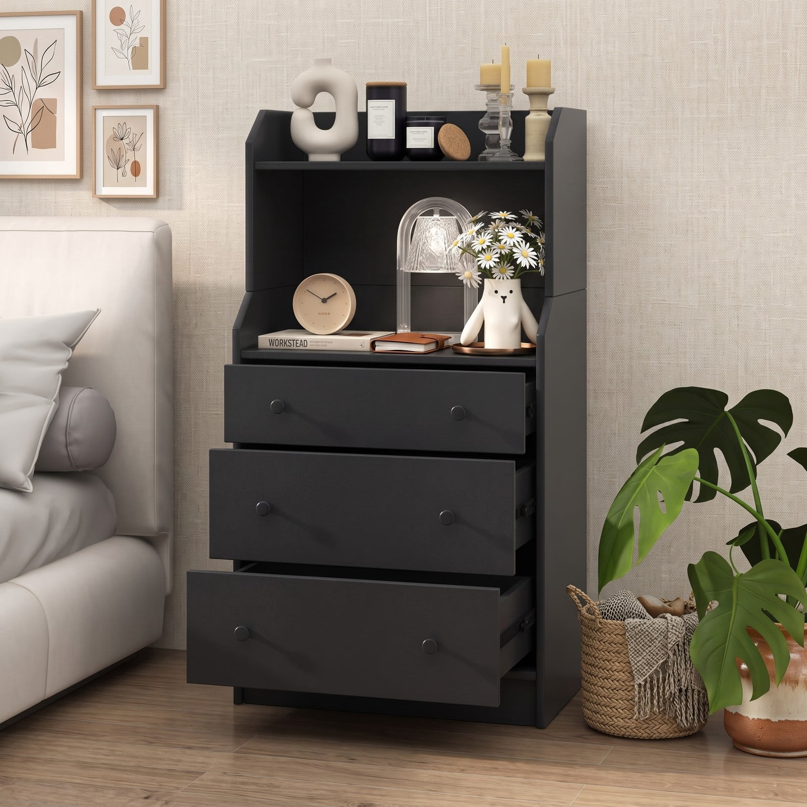Furnibear 3-Drawer Storage Dresser with Open Display Shelves and Anti-Toppling Device for Bedroom Nursery and Entryway, Black