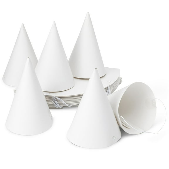 Bright Creations Party Hats Blank White Cone - 50 Count, 6 in, Pre-strung Elastic - Birthday Hats & Celebration Decor