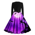 thumbnail image 3 of Women's Halloween Dresses Skeleton Pumpkin Printed Party Skirt Long Sleeve Crew Neck A Line Tie-Waist Dresses, 3 of 3