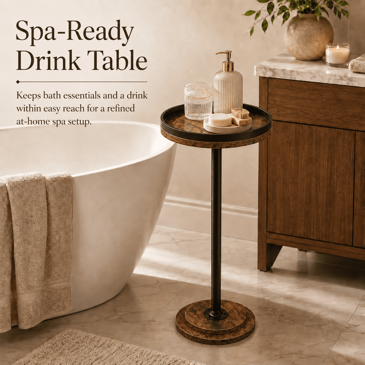 MEHOOM Round Side Table, Rustic Brown Drink Table for Small Spaces, Modern Accent End Table for Living Room, Bedroom