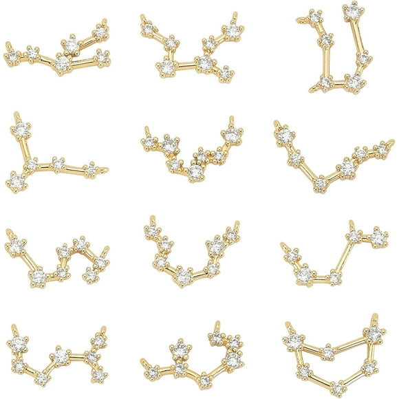 1 Box 12Pcs Twelve Constellation Charms Zodiac Sign Astrology Brass Horoscope Pendants Gold Plated with Rhinestones Double Loops for Jewelry Making Crafts Supplies