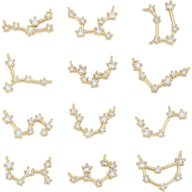 1 Box 12Pcs Twelve Constellation Charms Zodiac Sign Astrology Brass Horoscope Pendants Gold Plated with Rhinestones Double Loops for Jewelry Making Crafts Supplies