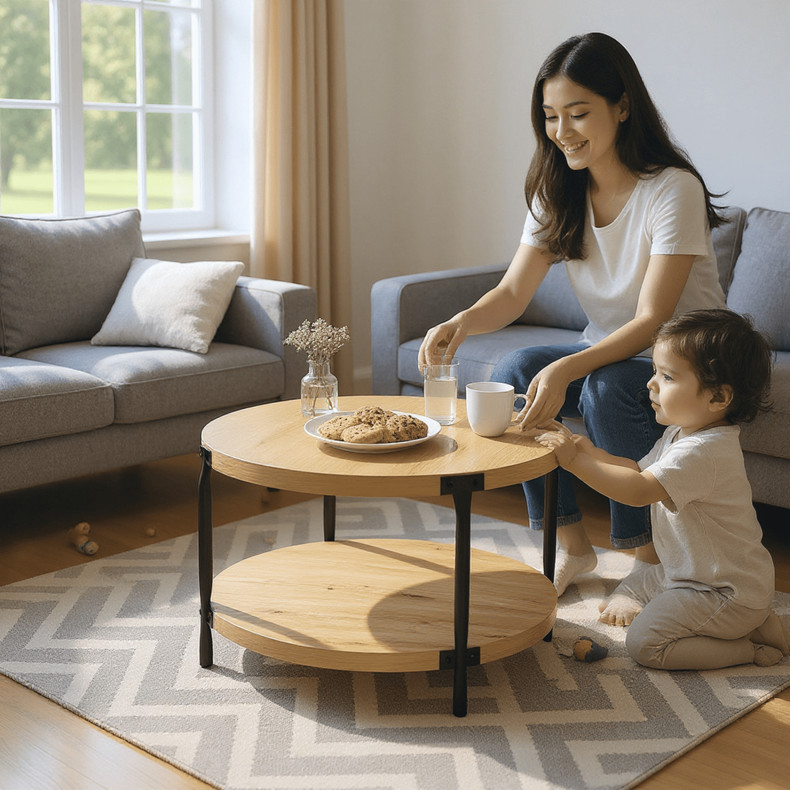 Homy Casa Round 2-Tier Coffee Table with Storage Shelf, Rustic Wood Finish, Black Iron Legs