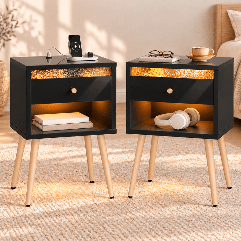Pinmoco LED Nightstand with Charging Station, Black photo 5