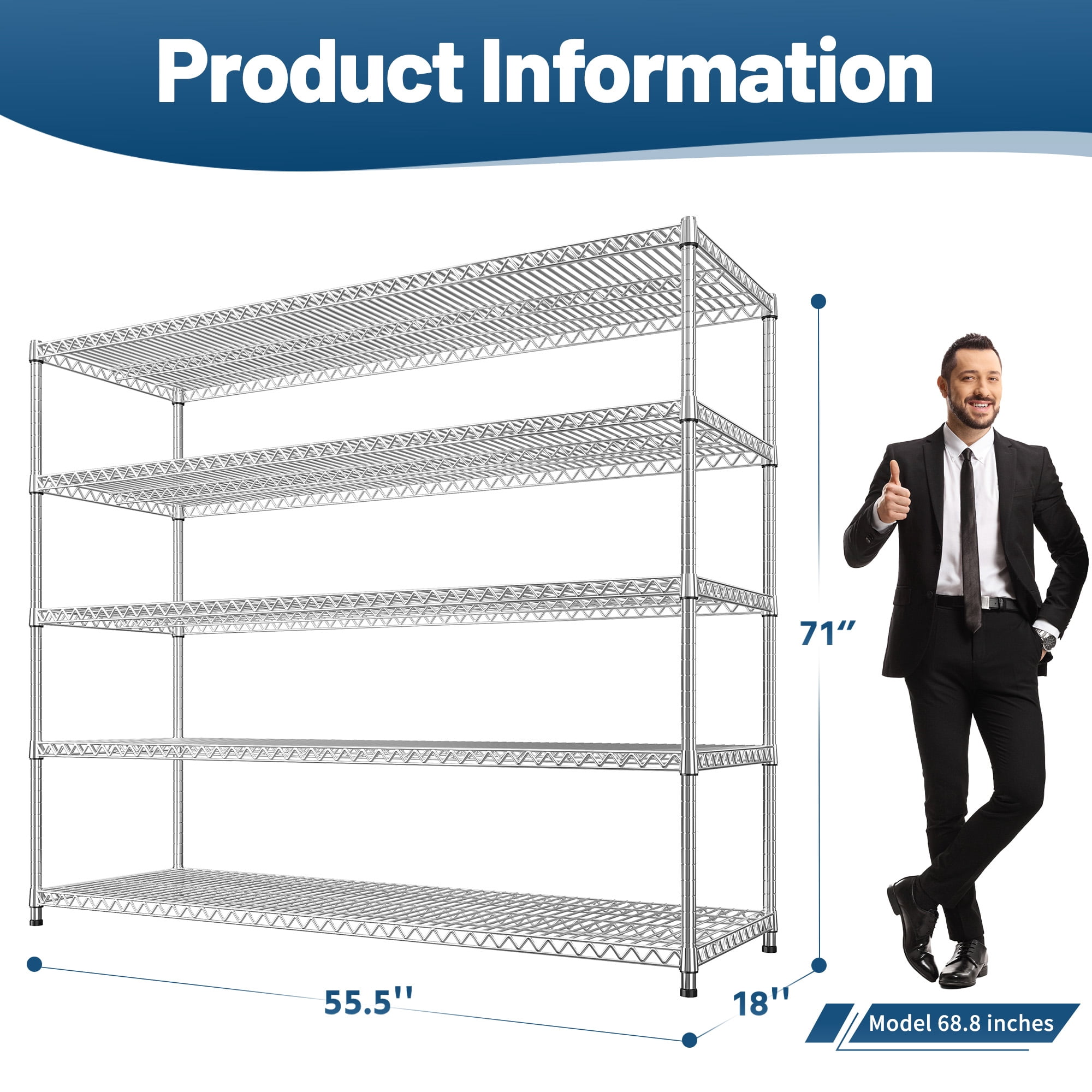 REIBII 55.5"W Wire Shelving 5 Tier Adjustable Metal Storage Shelves for Garage Pantry Kitchen, 18"D x 71"H,3200lbs Capacity,Silver
