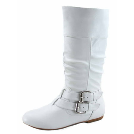 

Sonny-54 Women s Caual Side Zip Buckles Slouch Flat Heel Mid Calf Round Toe Boots ( White 7.5)