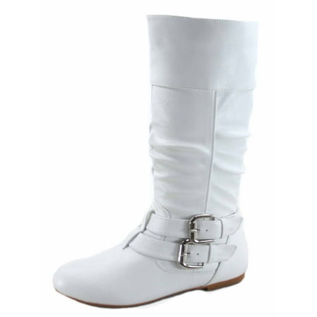 Women's Caual Side Zip Buckles Slouch Flat Heel Mid Calf Round Toe (Best Side Zip Police Boots)
