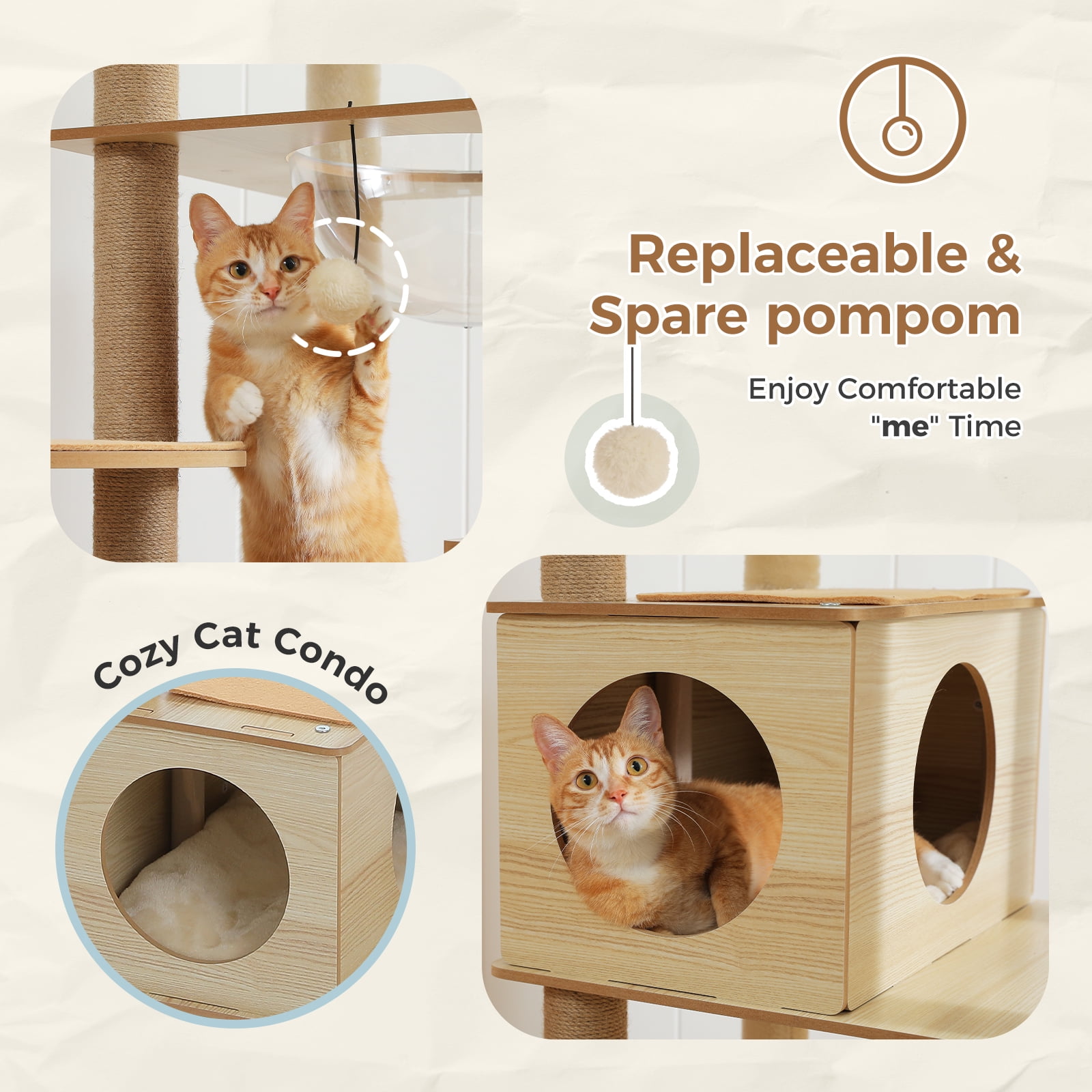 PEQULTI 71" Wood Cat Tree Large Cat Tower with Acrylic Bowl & 10 Sisal Scratching Posts Beige Indoor