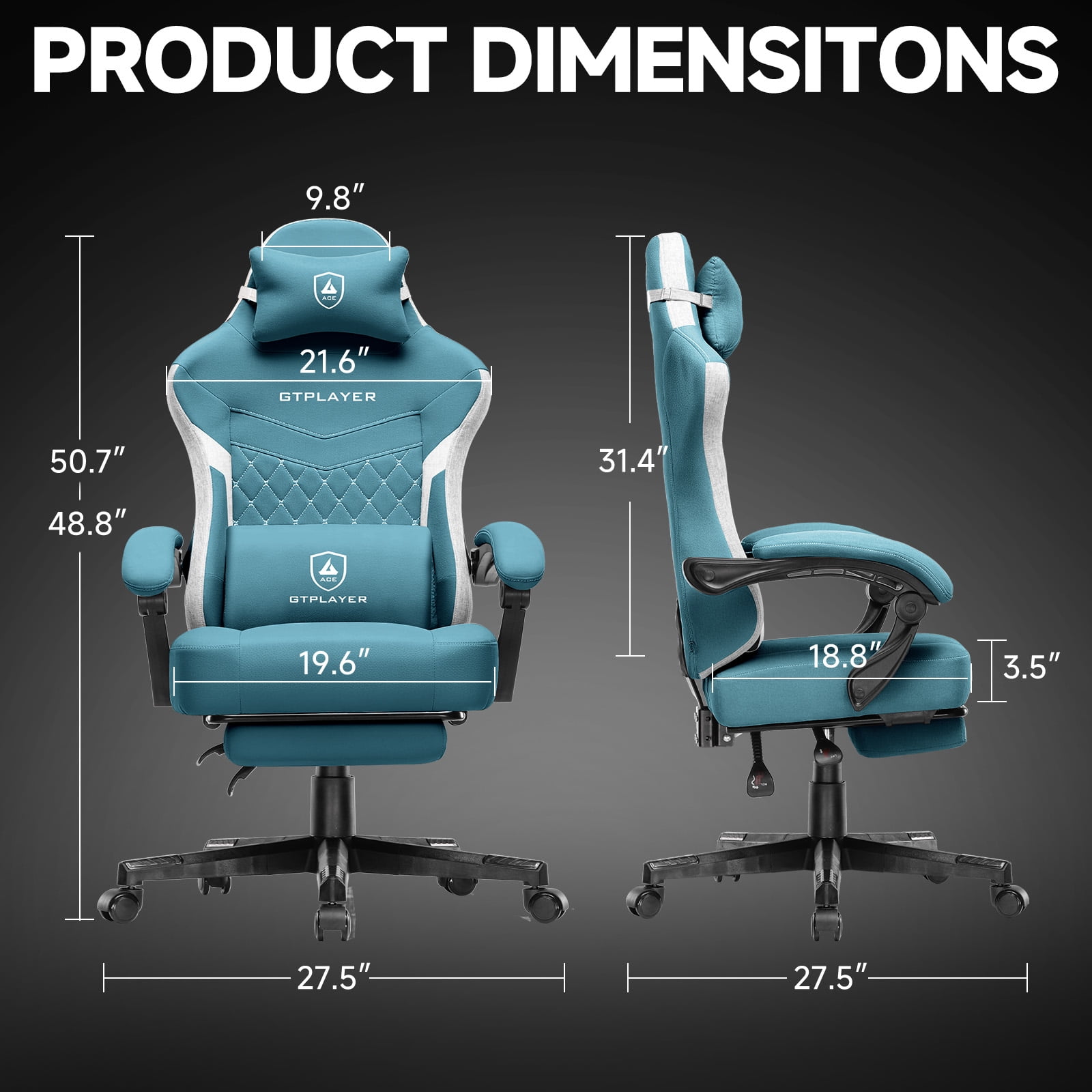 GTPLAYER Gaming Chair, Fabric Ergonomic Office Chair with Footrest and Lumbar Suppor for Adult, Oceanblue