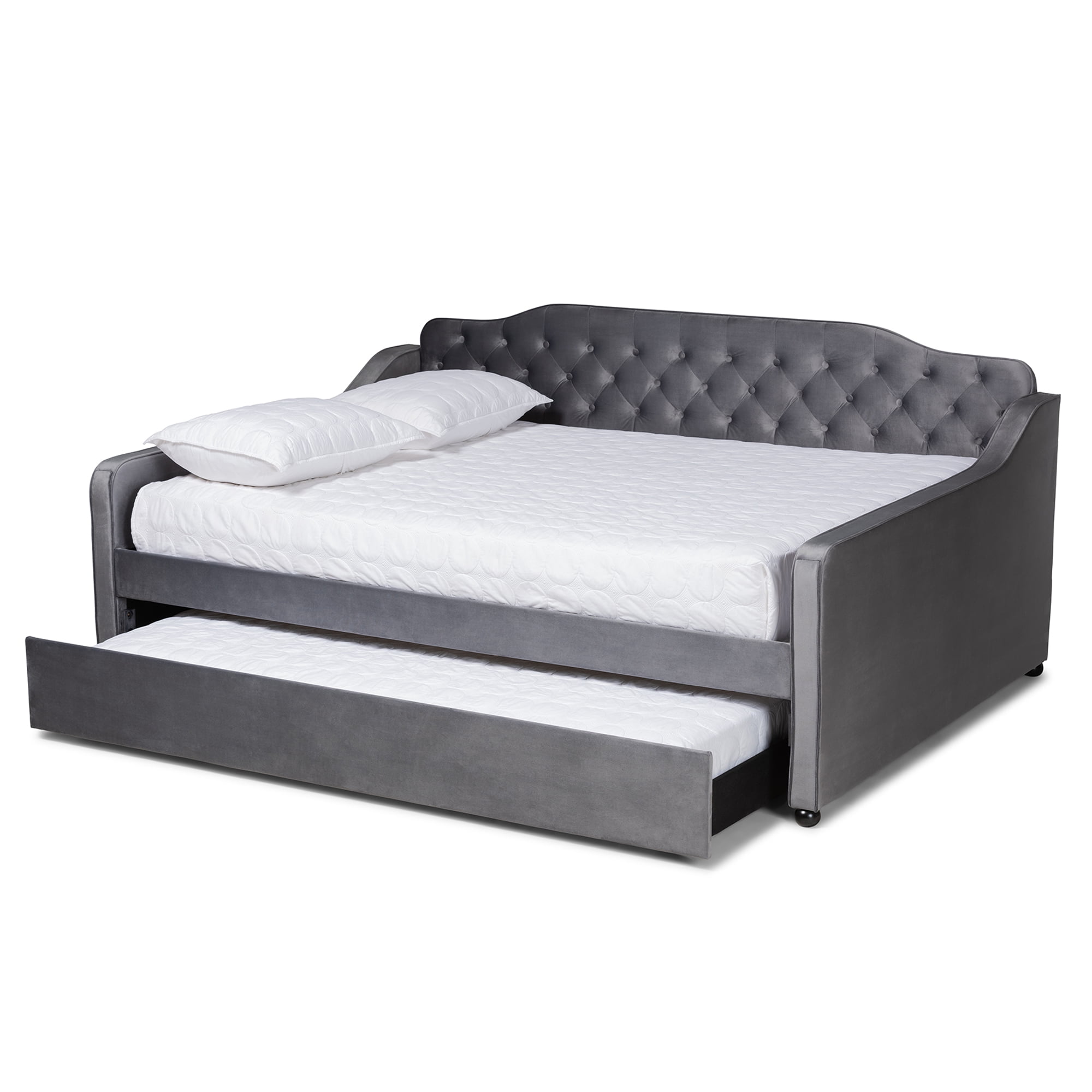 Baxton Studio Freda Transitional and Contemporary Grey Velvet Upholstered and Button Tufted Queen Size Daybed with Trundle