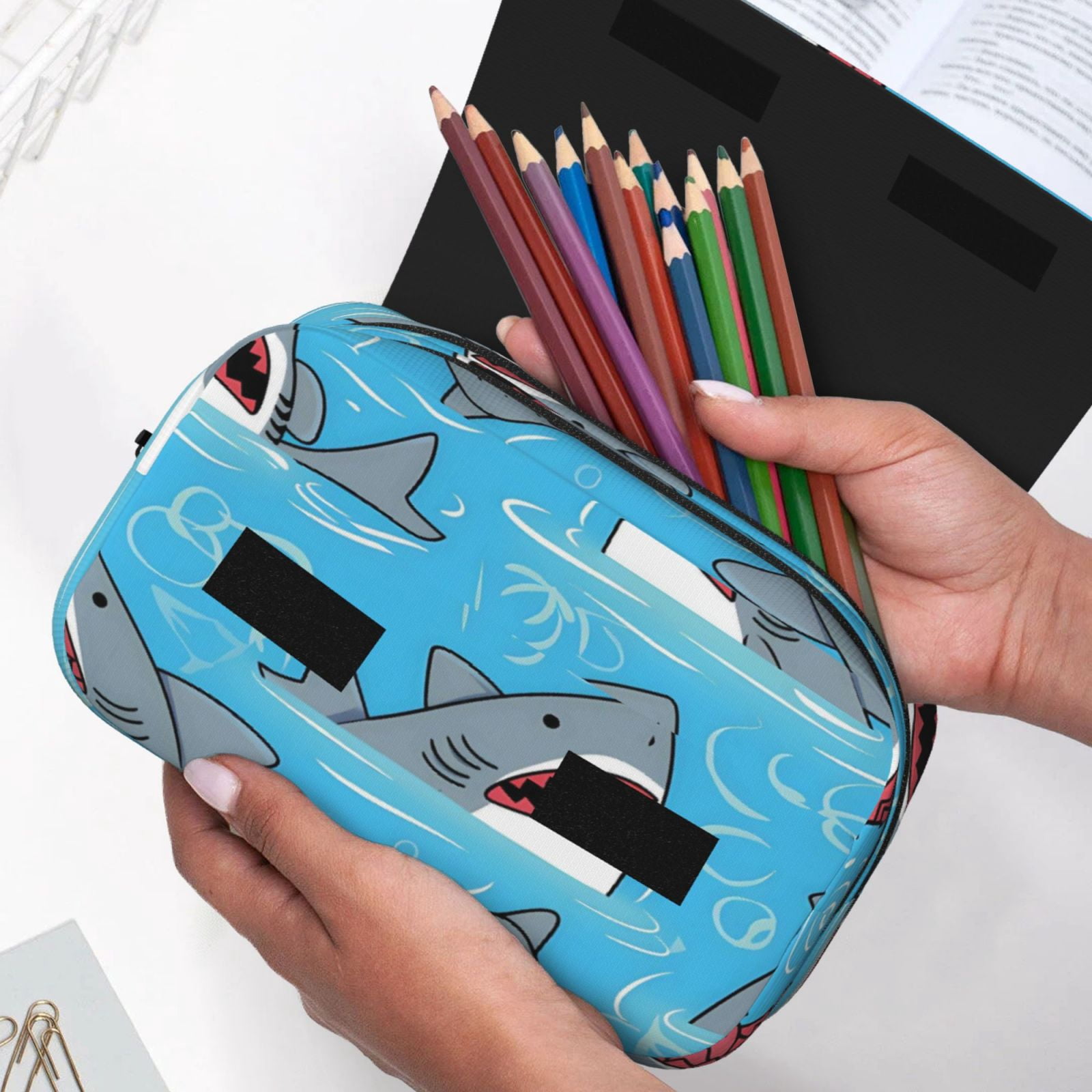 Large-Capacity Flip-Top Double-Layer Pencil Case, Multi-Functional Pocket Pen Case, Durable Stationery Organizer Shark (13)