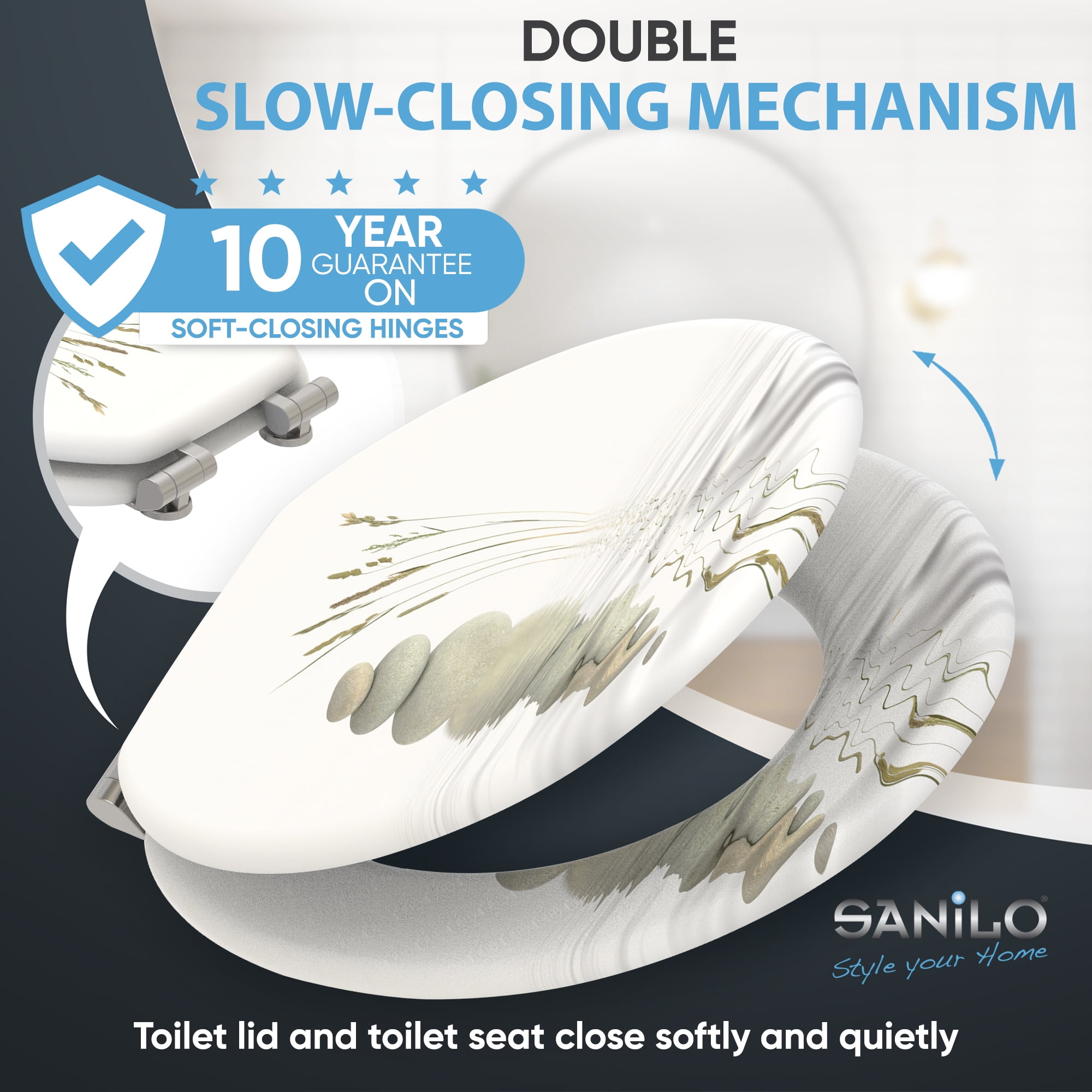 Sanilo Soft Close Toilet Seat ROUND, Quiet and Slow Close Lid and Seat, Strong Bumpers and Hinges, Balance