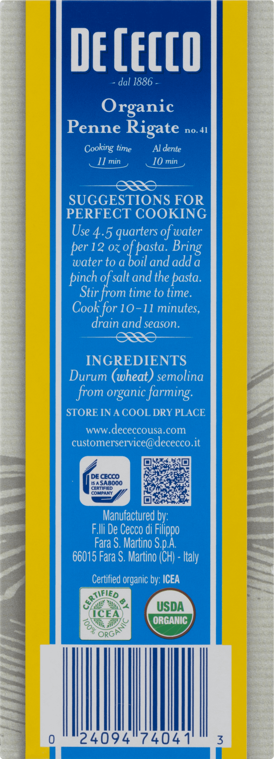 De Cecco 100% Organic Penne Rigate No.41 Pasta, 12 oz, Gluten-Free