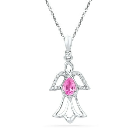 White Gold Baby Angel Pendant - 10K White Gold Teardrop Lab Created Pink Sapphire Angel Necklace Pendant 5/8 Ctw.