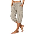 thumbnail image 5 of Womens Cargo Capri Pants, Elastic Waist Drawstring Cropped Pants with Multi Pockets, Outdoor, Walking Casual Workout Wear | VerBelle,Khaki L, 5 of 7