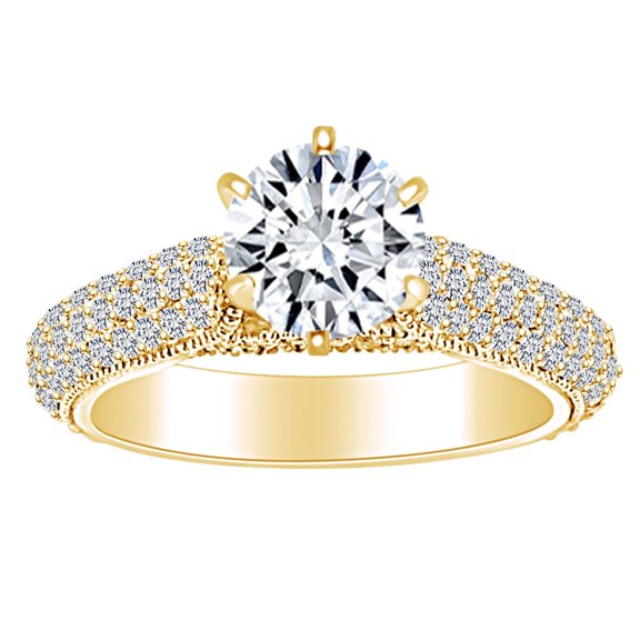 AFFY 2 Carat (Cttw) Round Shape White Natural Diamond Halo Cluster Engagement Ring In 14k Solid Yellow Gold Ring Size-5