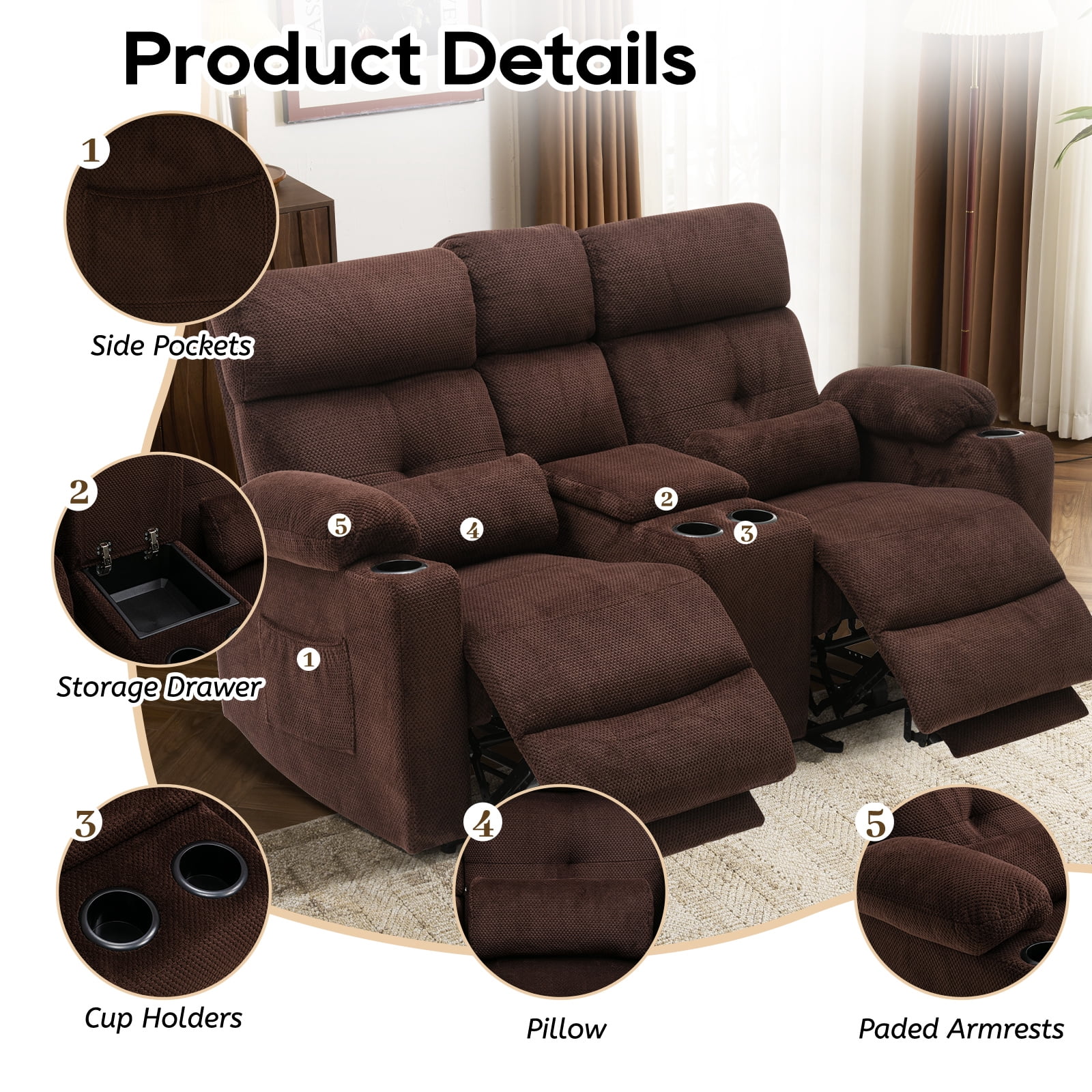 PYOIER Reclining Loveseat Sofa With Massage & Heating, Grey
