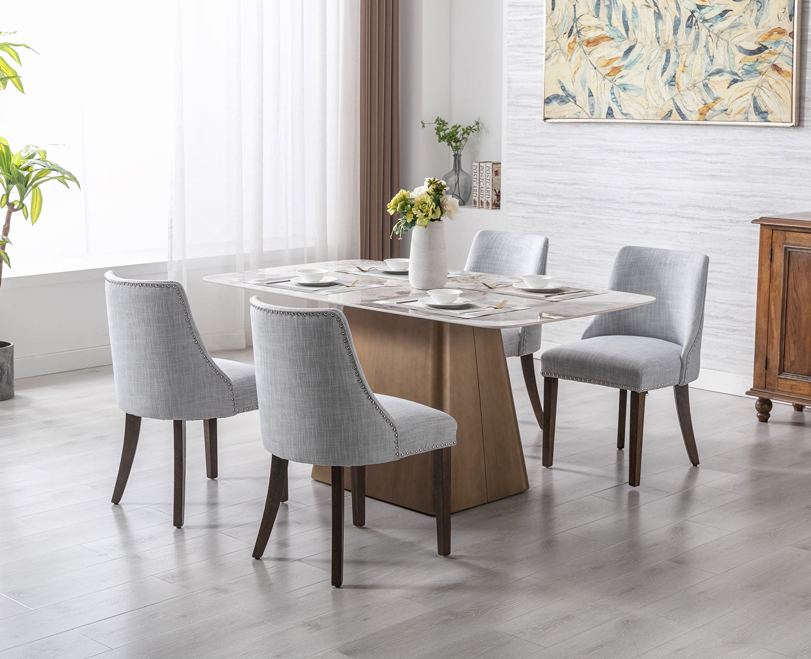 Guyou Dining Chairs Set of 2, Mid Century Modern Linen Upholstered Farmhouse Side Chairs with Nailhead and High Back for Kitchen Restaurant, Grey